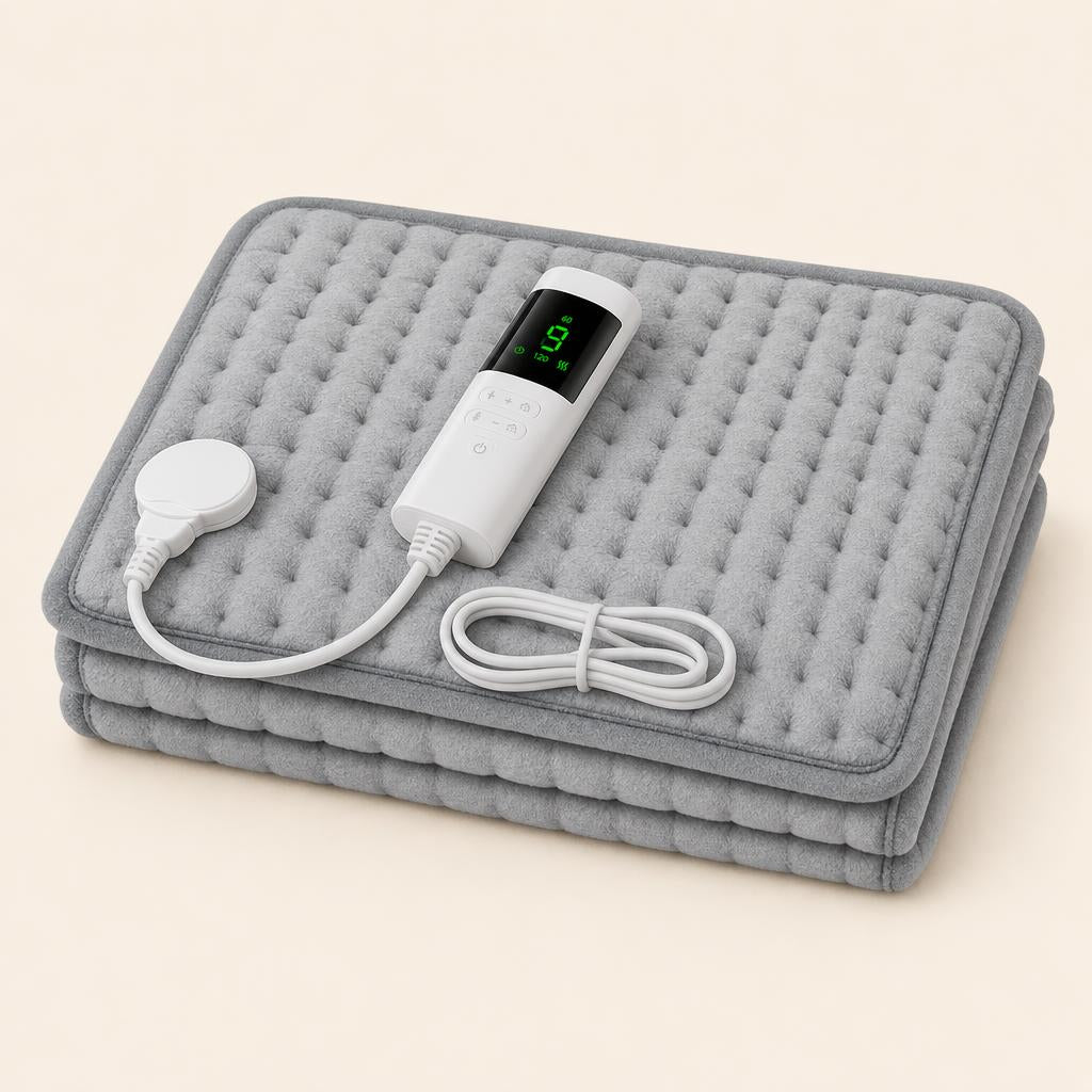 Folded grey heating pad with its controller