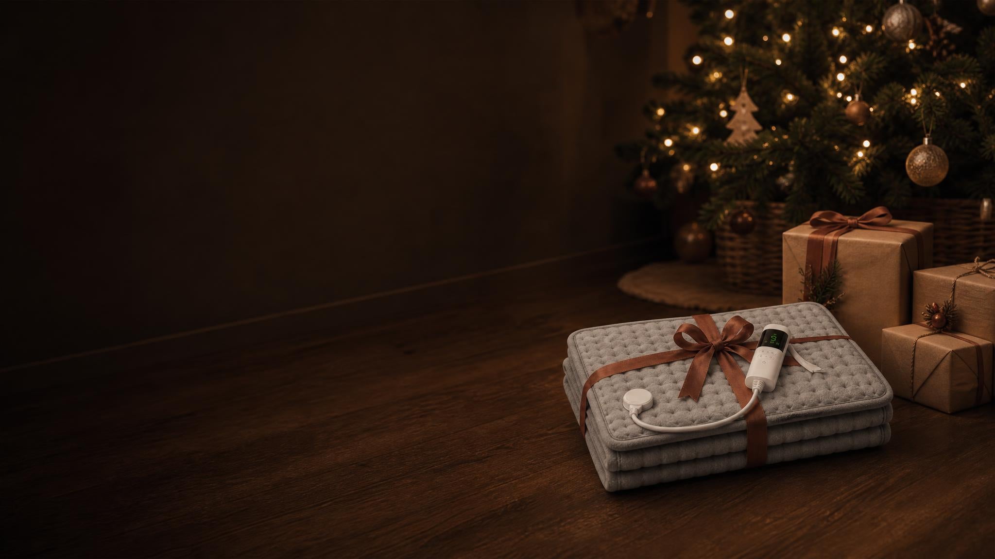 Heating pad tied with a ribbon beside a Christmas tree