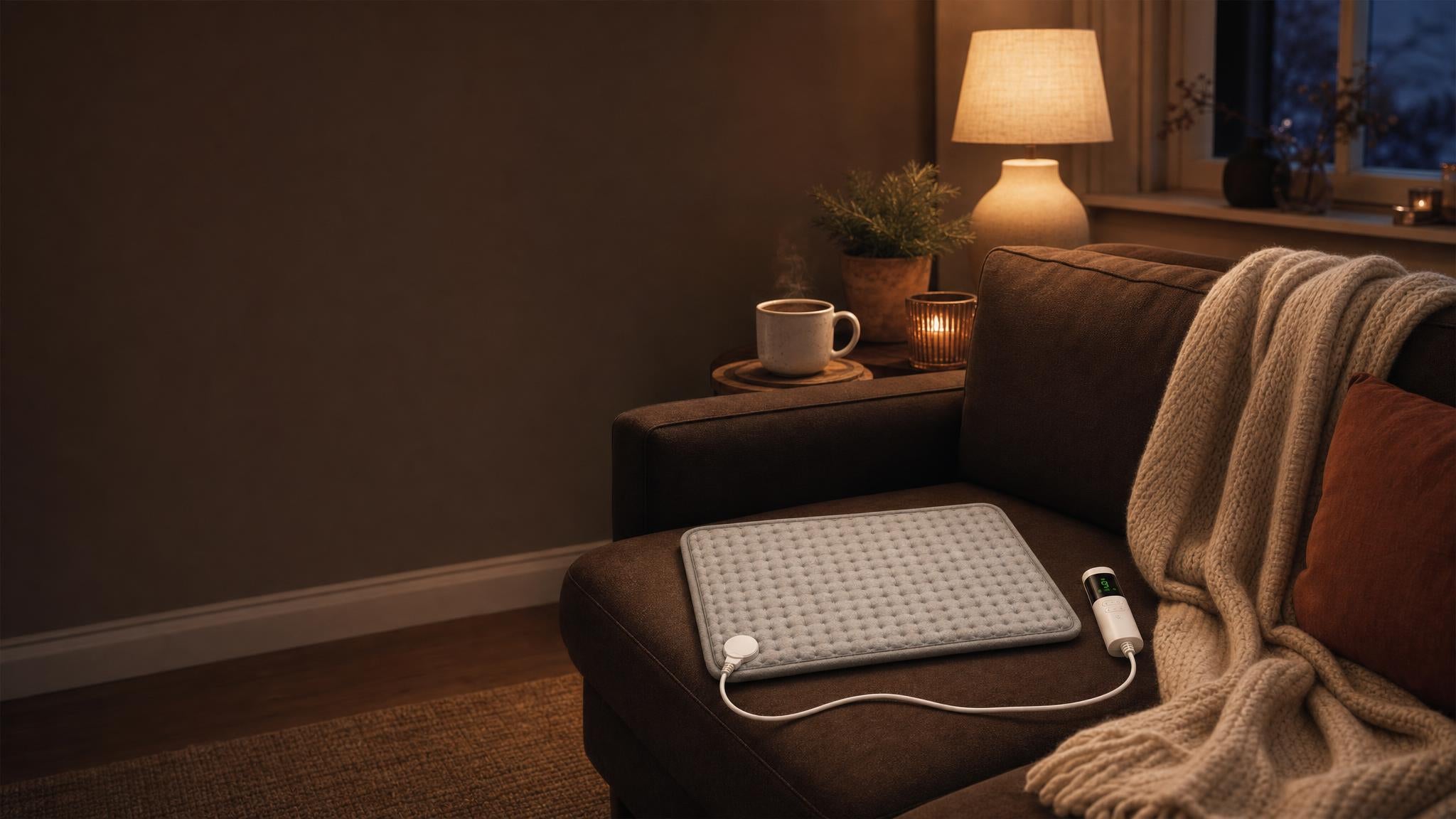 Heating pad on a sofa on a winter evening