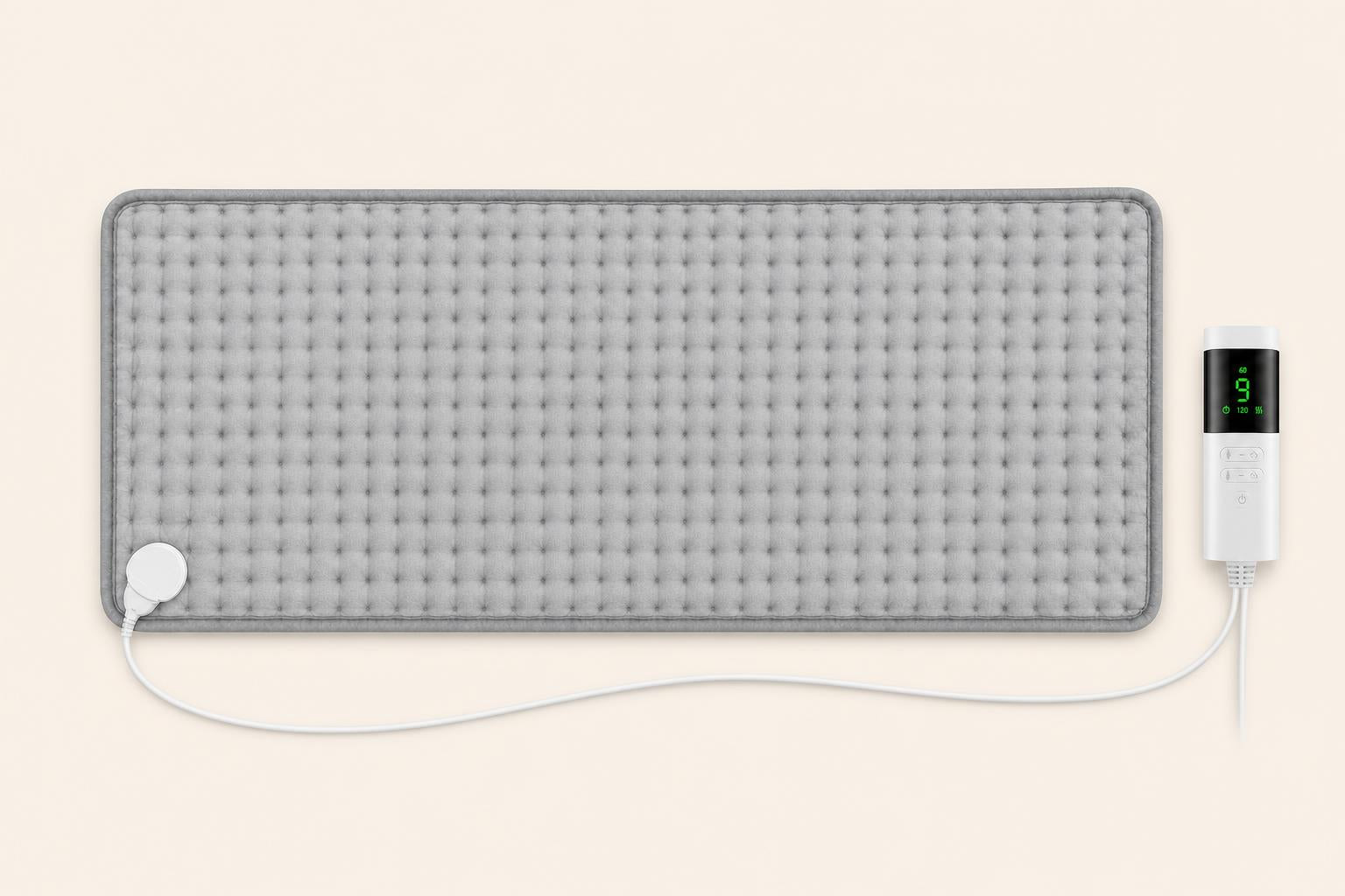 Grey heating pad seen from above with its controller